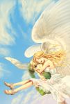  blonde_hair breasts carrying dress ehekatl_of_luck elona green_eyes highres hug kumiromi_of_harvest princess_carry siro_(phooey) smile wings 