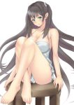  1girl aqua_eyes bare_shoulders blush breasts brown_hair cleavage dress large_breasts long_hair looking_at_viewer muffin_(sirumeria) original shiny simple_background sitting solo stool sundress white_background 