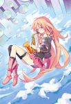  ahoge bare_shoulders blue_eyes boots braid cloud clouds highres ia_(vocaloid) instrument long_hair looking_at_viewer pink_hair saxophone single_thighhigh skirt solo thigh-highs thighhighs twin_braids unacchi_(nyusankin) very_long_hair vocaloid 