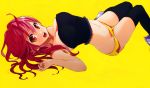  :d absurdres bare_shoulders black_legwear boyshorts breasts cleavage copyright_request highres large_breasts long_hair looking_at_viewer lying on_back open_mouth orange_eyes red_hair redhead short_shorts shorts simple_background smile solo strapless thigh-highs thigh_gap thighhighs zekkyou zekkyou_(h9s9) 