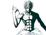  abs crushing glasses glasses_removed looking_at_viewer manly mannosuke monochrome morichika_rinnosuke muscle pectorals rion_(glayjirobass) shirtless short_hair simple_background solo touhou veins 
