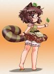  animal_ears bloomers bracelet brown_eyes brown_hair futatsuiwa_mamizou glasses highres jewelry leaf leaf_on_head notepad outstretched_arms pince-nez raccoon_ears raccoon_tail sandals shirt short_hair skirt smile solo tachikawa tail touhou 