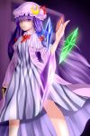  bags_under_eyes blurry bow bowtie cloak crystal depth_of_field dress hair_bow hair_ribbon hat highres kasu-pan long_hair patchouli_knowledge purple purple_background purple_eyes purple_hair ribbon serious solo striped striped_dress touhou tress_ribbon vertical_stripes violet_eyes 
