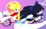  blonde_hair donson dual_wielding gun highres long_hair multiple_girls panty_&amp;_stocking_with_garterbelt panty_(psg) smile stocking_(psg) striped sword weapon 