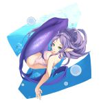  breasts bubble cleavage earrings green_eyes highres iorlvm jewelry large_breasts lips long_hair mermaid monster_girl original pointy_ears purple_hair simple_background solo underwater white_background 