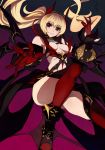  1girl bare_shoulders blonde_hair boots breasts cleavage demon_wings elbow_gloves fang fangs gloves highres legs long_hair looking_at_viewer original outstretched_hand penguin_caee ponytail red_eyes red_hair red_legwear redhead sideboob smile solo thigh-highs thighhighs thighs wings 