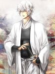  gintama headband hinako-saeki japanese_clothes joui katana sakata_gintoki sheath sheathed silver_hair solo sword weapon white_hair 