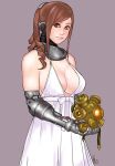  breasts brown_hair cleavage cyborg dated drill_hair holding kusagami_style large_breasts lips long_hair original signature simple_background solo 