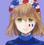  1girl amelie_planchard artist_request blue_background brown_hair error euro_2012 facepaint flower france french french_flag green_eyes hair_flower hair_ornament open_mouth shirono_kuma short_hair simple_background smile solo strike_witches 