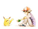  1boy baseball_cap black_eyes black_hair denim hat jacket lauren-cin outstretched_hand pikachu pokemon pokemon_(anime) pokemon_(creature) satoshi_(pokemon) shoes simple_background sitting smile sneakers white_background 