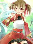  armor bare_shoulders blush brown_hair dragon fingerless_gloves gloves hair_ribbon highres i_m_a open_mouth pina_(sao) red_eyes ribbon short_twintails silica skirt smile sword_art_online thigh-highs thighhighs twintails 