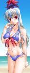  bikini blue_hair blush breasts byeontae_jagga collarbone front-tie_top hat kamishirasawa_keine large_breasts long_hair looking_at_viewer multicolored_hair red_eyes shiny shiny_skin silver_hair simple_background smile solo swimsuit touhou two-tone_hair 