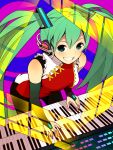  bad_id bridal_gauntlets green_eyes green_hair grin hatsune_miku headphones instrument keyboard_(instrument) leaning_forward long_hair looking_at_viewer sakuyamochi smile solo twintails vocaloid 