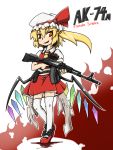  1girl ak-74 ak-74m ascot assault_rifle blonde_hair bloodycat blush english fang flandre_scarlet gun hat hat_ribbon long_hair red_eyes ribbon rifle side_ponytail solo thigh-highs thighhighs touhou weapon wings zettai_ryouiki 