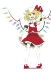  ascot bad_id blonde_hair flandre_scarlet hat highres mary_janes open_mouth red_eyes shoes short_hair side_ponytail simple_background smile solo tai0201 thigh-highs thighhighs touhou white_background white_legwear wings 