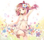  ankle_cuffs anklet arm_up armpits bare_legs bare_shoulders barefoot blush bracelet breasts choker cleavage feet flower hair_flower hair_ornament hairband jewelry komi_zumiko long_hair looking_at_viewer magi_the_labyrinth_of_magic morgiana navel o-ring_top petals red_eyes side_ponytail smile solo 