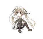  brown_eyes hair_ribbon kasugano_sora kuena long_hair pantyhose ribbon solo stuffed_animal stuffed_toy white_hair yosuga_no_sora 