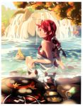  absurdres bare_shoulders clothes demon_wings felyne highres horns leaf long_hair looking_back monster_hunter monster_hunter_portable_3rd onsen partially_submerged red_eyes red_hair redhead sandals scan sitting smile solo steam towel vofan wet wings 