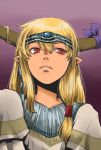  alternate_costume blonde_hair bust circlet earrings face horn_ribbon horns ibuki_suika jewelry long_hair looking_away low-tied_long_hair onikobe_rin parted_lips pointy_ears purple_background red_eyes ribbon slit_pupils solo tiara touhou 