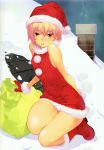  absurdres bare_shoulders boots dress fur_trim gloves hat highres huge_filesize okazaki_takeshi original panties parted_lips pink_hair purple_eyes red_dress red_gloves sack santa_costume scan scan_artifacts short_hair sleeveless sleeveless_dress snow solo tears underwear violet_eyes white_panties 