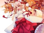  animal_ears autumn_leaves bare_shoulders blonde_hair breasts detached_sleeves hat holding impossible_clothes impossible_shirt inubashiri_momiji leaf light_smile maple_leaf midriff navel pom_pom_(clothes) settyaro short_hair solo tail tassel tokin_hat touhou white_hair wolf_ears wolf_tail 