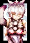  animal_ears bare_shoulders blush bra breasts detached_sleeves hat inubashiri_momiji large_breasts leaning_forward ouchu_(toustar) pink_bra red_eyes shirt_lift silver_hair smile solo tail tokin_hat touhou underwear wolf_ears wolf_tail 