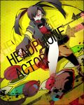  bike_shorts black_hair ene_(kagerou_project) gas_mask headphone_actor_(vocaloid) headphones hoodie ia_(vocaloid) jacket red_eyes saihate_(artist) solo twintails vocaloid yellow_background 