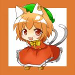  animal_ears arms_behind_back blush brown_hair cat_ears cat_tail chen highres jewelry kachoo leaning_forward looking_at_viewer multiple_tails short_hair single_earring smile solo tail touhou 
