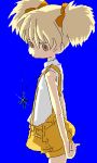  1girl bangs blonde_hair blue_background brown_eyes child cross dress hatchin_morenos lowres michiko_to_hacchin ribbon shorts solo suspenders twintails 