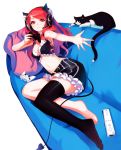  absurdres bare_shoulders black_legwear breasts cat cleavage controller couch demon_tail frills game_controller headset highres horns long_hair lying midriff navel on_side original ps3_controller red_eyes red_hair redhead scan single_thighhigh smile solo tail thigh-highs thighhighs vofan wii_remote 