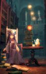  bat_wings blue_hair book bookshelf crescent dress hat hat_ribbon holding holding_book kettle lantern library long_hair multiple_girls open_mouth patchouli_knowledge purple_eyes purple_hair red_eyes remilia_scarlet ribbon sitting table too_many_books touhou violet_eyes voile wings yoshitake 
