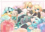  2girls absurdres aqua_eyes aqua_hair blonde_hair character_doll hair_ornament hair_ribbon hairclip hatsune_miku highres kagamine_len kagamine_rin long_hair looking_at_viewer lying momomochi multiple_girls on_back on_stomach pillow ribbon skirt smile stuffed_animal stuffed_toy thigh-highs thighhighs twintails vocaloid zettai_ryouiki 