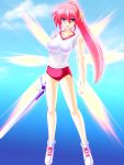  alternate_costume blue_eyes blush breasts buruma engo_(aquawatery) female fiery_wings glowing gym_uniform hair_ribbon highres levantine long_hair lyrical_nanoha mahou_shoujo_lyrical_nanoha_strikers pink_hair ponytail ribbon signum solo sword weapon 