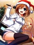  ;d absurdres black_legwear blue_eyes brown_hair cake christmas_tree denim denim_shorts dutch_angle fingernails food fork fur_trim harada_taiko hat highres karaoke kimi_to_issho_ni leg_up long_fingernails microphone open_mouth party_popper pinky_out santa_hat scan short_shorts shorts smile solo thigh-highs thighhighs tomose_shunsaku wink 