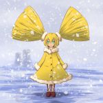  blonde_hair copyright_request glowing glowing_eyes green_eyes highres nuclear_powerplant nuclear_winter personification power_plant radiation radiation_symbol radioactive short_twintails snow snowing twintails winter winter_clothes yellow 