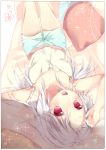  :d arm_up blush collarbone couch kasu_(return) long_hair looking_at_viewer lying on_back open_mouth original pillow red_eyes shorts silver_hair smile solo strap_slip upside-down white_hair 