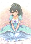  black_hair blue_eyes blush collarbone don_michael dress earrings flower ganaha_hibiki gloves idolmaster jewelry long_hair looking_at_viewer necklace ponytail sitting smile solo tiara v_arms white_gloves 