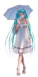 1girl aqua_eyes aqua_hair aqua_nails bag bare_shoulders blush collarbone crossed_legs_(standing) dress female full_body grin hatsune_miku high_heels holding holding_umbrella jewelry long_hair looking_at_viewer nail_polish necklace no_legwear no_socks open_shoes sandals shoes simple_background sleeveless sleeveless_dress smile solo standing toenail_polish toes twintails umbrella very_long_hair vocaloid white_background white_dress wokada