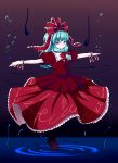  aqua_eyes aqua_hair boots bow chipika dress frills front_ponytail hair_bow hair_ornament hair_ribbon highres kagiyama_hina long_hair looking_at_viewer outstretched_arms red_dress ribbon short_sleeves solo spread_arms touhou wrist_ribbon 