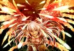  artist_request fiery_wings fire floating_hair fujiwara_no_mokou hair_ribbon hands_in_pockets highres hira-yama long_hair looking_at_viewer open_mouth red_eyes ribbon silver_hair smile solo suspenders touhou tress_ribbon wings 