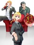  2boys ahoge black_hair blonde_hair bouquet couch earrings fate/zero fate_(series) flower formal gilgamesh green_eyes highres jewelry lancer_(fate/zero) looking_at_viewer mole multiple_boys necklace necktie outstretched_hand pant_suit ponytail ponytail_long red_eyes red_rose rose ruchi saber single_glove suit wine yellow_eyes yellow_rose 