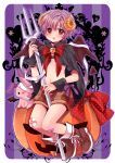  bandage bandages bell blush boots bow bunny cape demon_boy demon_wings halloween horns open_mouth original pitchfork pumpkin purple_hair rabbit red_eyes short_hair shorts tail touya_(angelically) wings 