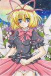  absurdres blonde_hair blue_eyes blush bowtie flower full_moon hair_ribbon highres lily_of_the_valley looking_at_viewer marker_(medium) medicine_melancholy moon pantyshot_(standing) rascal_(n119) ribbon short_hair skirt skirt_lift smile solo touhou traditional_media 