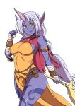  attp bandage bandages bare_hips bare_shoulders blue_skin earrings hips horn jewelry league_of_legends necklace pointy_ears side_slit solo soraka staff thighs white_background white_hair wide_hips yellow_eyes 