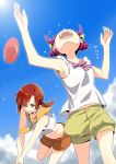  :d ball beachball blue_sky casual flying_sweatdrops hair_over_one_eye hino_akane hoshizora_miyuki looking_up misu_kasumi multiple_girls open_mouth pink_hair precure red_eyes red_hair redhead short_hair shorts sky sleeveless smile smile_precure! wavy_mouth 