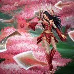  1girl adapted_costume armor black_hair blade breasts cherry_blossoms detached_sleeves energy_ball irelia league_of_legends leg_armor long_hair navel quiet1010 red_eyes solo tree weapon 