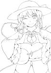  bow face hat heart heart_hands highres komeiji_koishi lineart looking_at_viewer monochrome smile solo third_eye touhou vent_arbre wink 