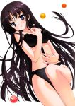  absurdres between_breasts black_bra black_hair black_panties blue_eyes bra breasts cleavage cue_ball cue_stick hidan_no_aria highres hotogi_shirayuki kobuichi lace-trimmed_bra lace-trimmed_panties long_hair lying panties parted_lips scan solo strap_slip underwear very_long_hair 