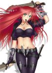  assassin belt breasts bustier capelet cleavage dagger fingerless_gloves gloves green_eyes jewelry katarina_du_couteau large_breasts league_of_legends long_hair midriff mound_of_venus mouth_hold navel necklace popped_collar red_hair redhead scar signature skin_tight solo spikes tonnelee weapon 
