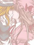  alternate_hair_color blonde_hair bow capelet chin_grab hair_over_eyes hat hat_bow incipient_kiss kirisame_marisa multiple_girls nnisch parted_lips patchouli_knowledge pink_hair side tears touhou yuri 